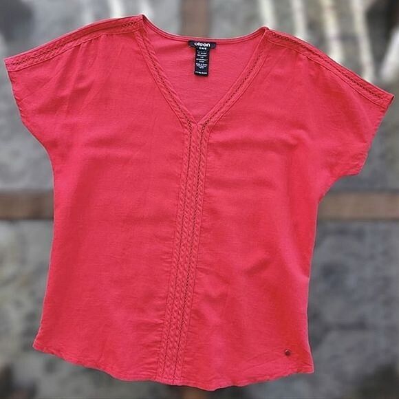 Olsen red linen blend crochet detail v-neck short sleeve t-shirt - Picture 5 of 12
